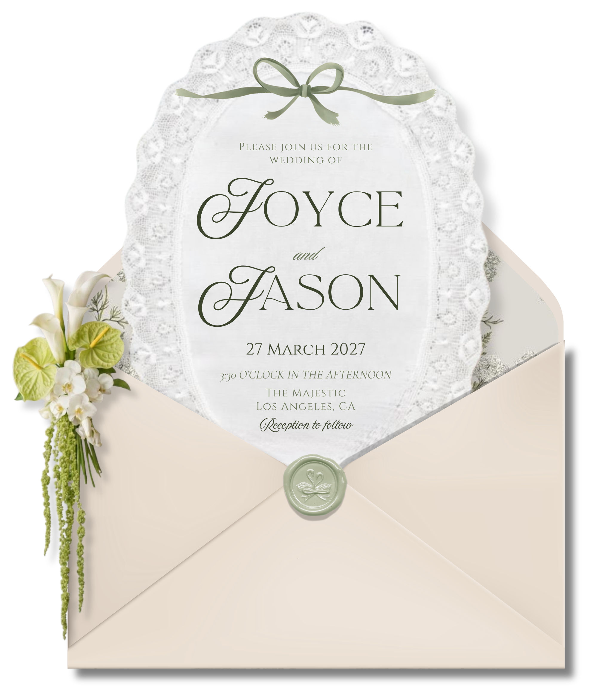 Joyce and Jason's wedding invitation in a cream envelope with flowers and a sage wax seal