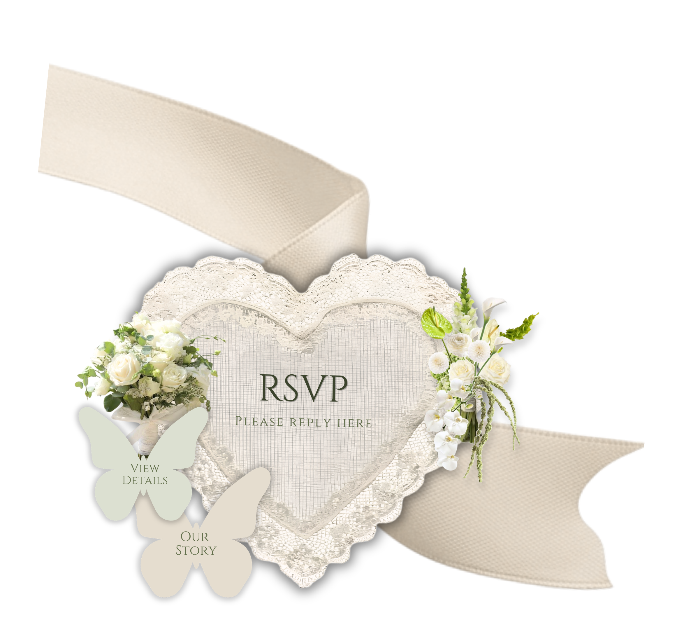 Lace RSVP heart with flowers, cream ribbons, and butterfly links